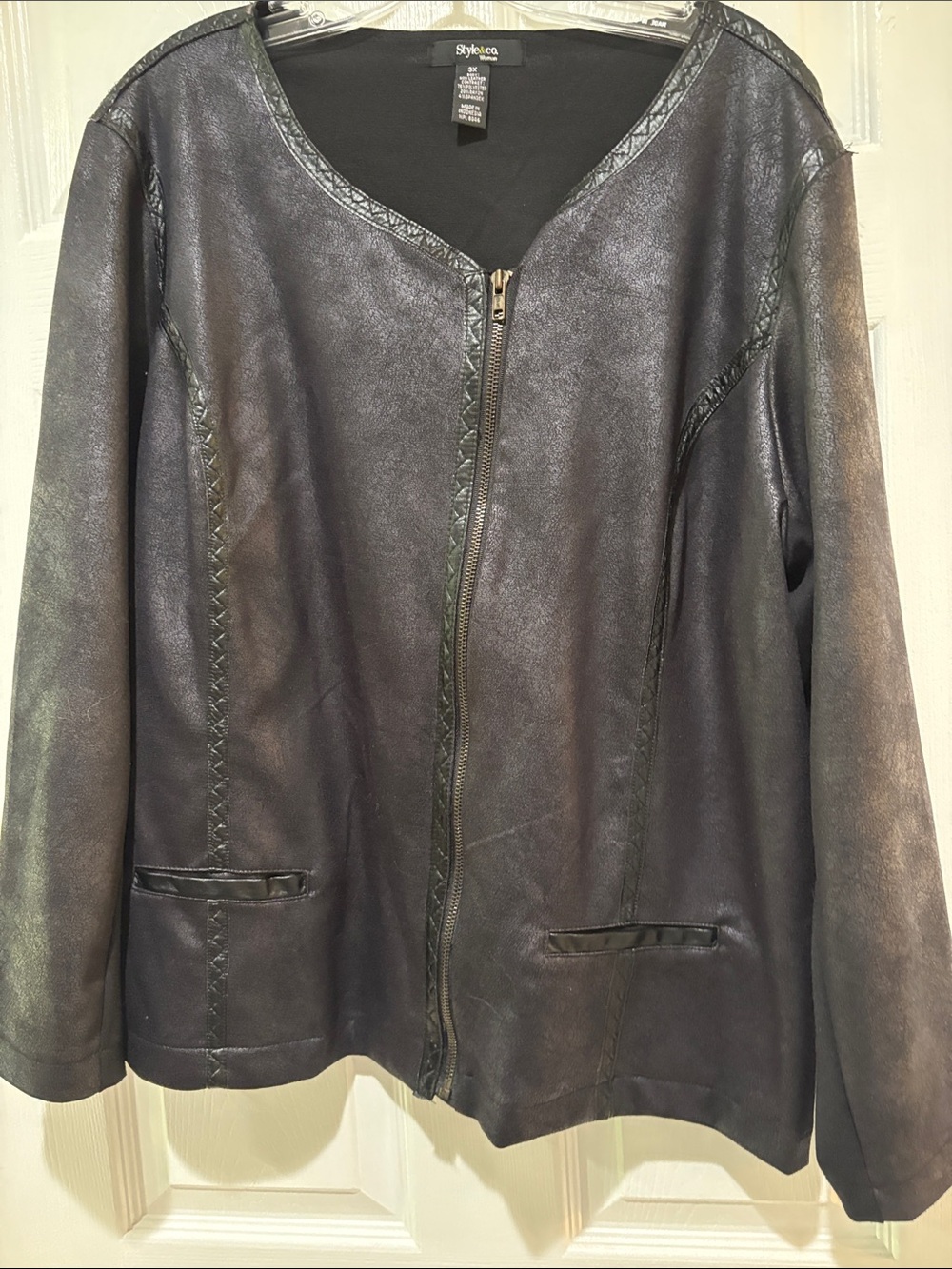 Style & Co. Women's Black Faux Leather Zip-Front Jacket with Subtle Stitch Trim
